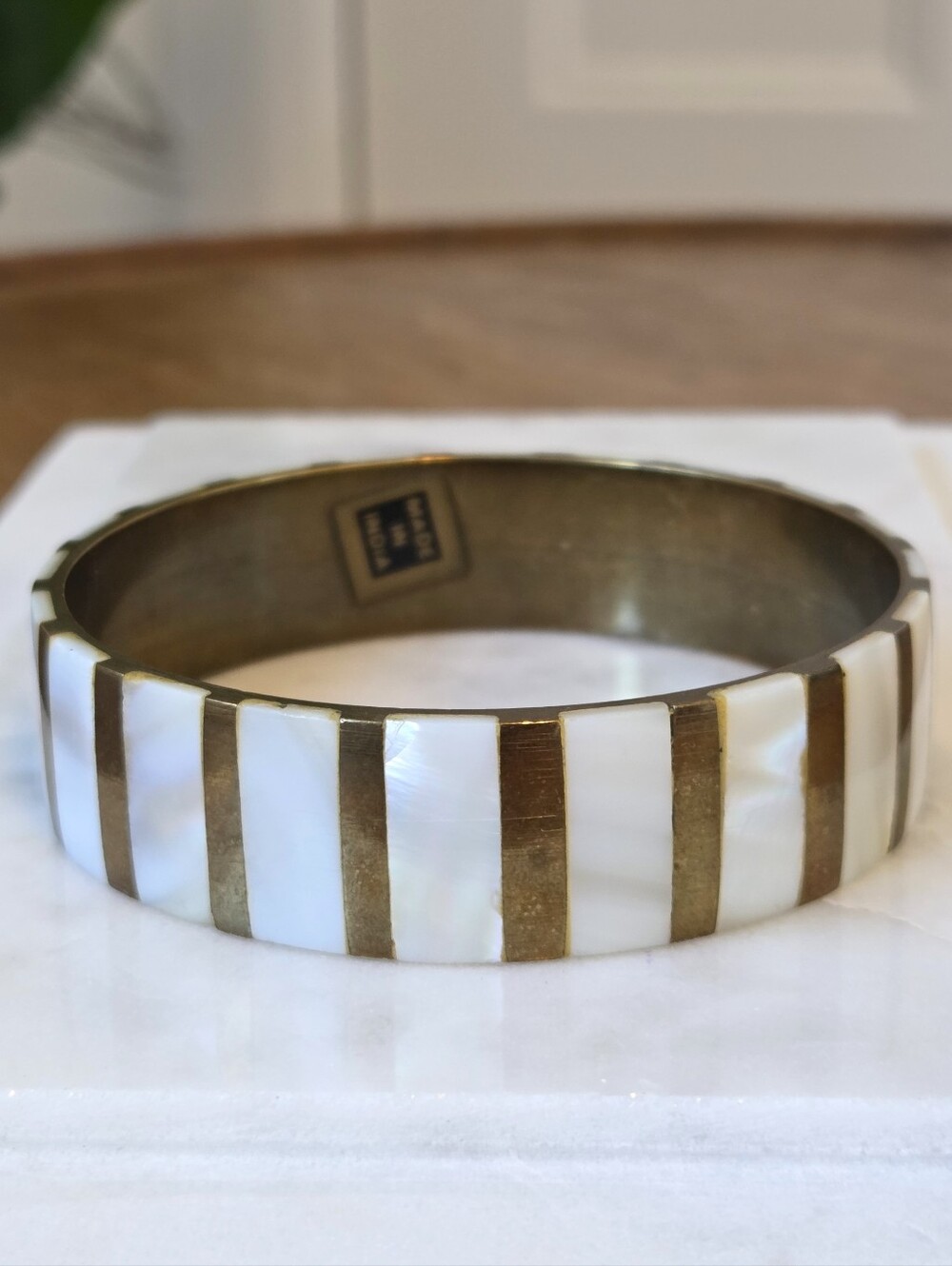 Vintage Brass And Mother Of Pearl Bangle Bracelet